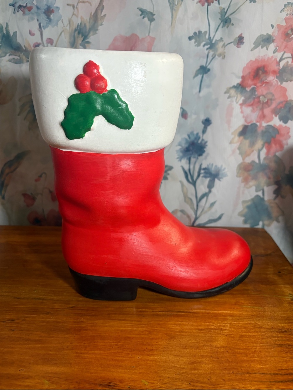 Vintage Festive Ceramic Christmas Boot Accent - White Cuff with Green Holly